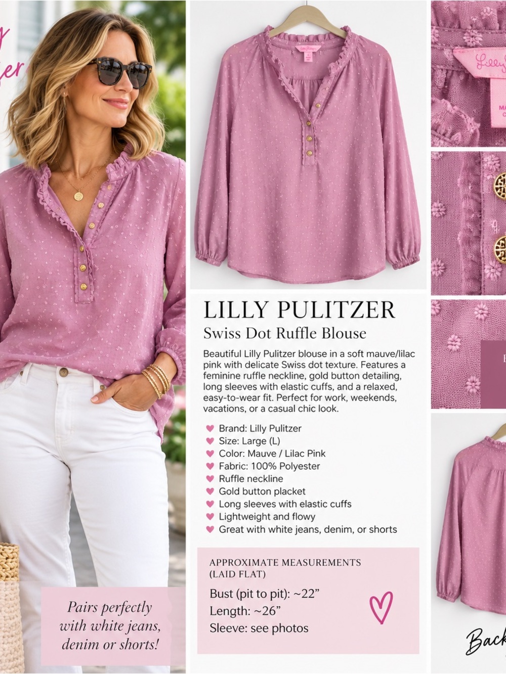 Lilly Pulitzer Mauve Lilac Pink Ruffle Swiss Dot Blouse